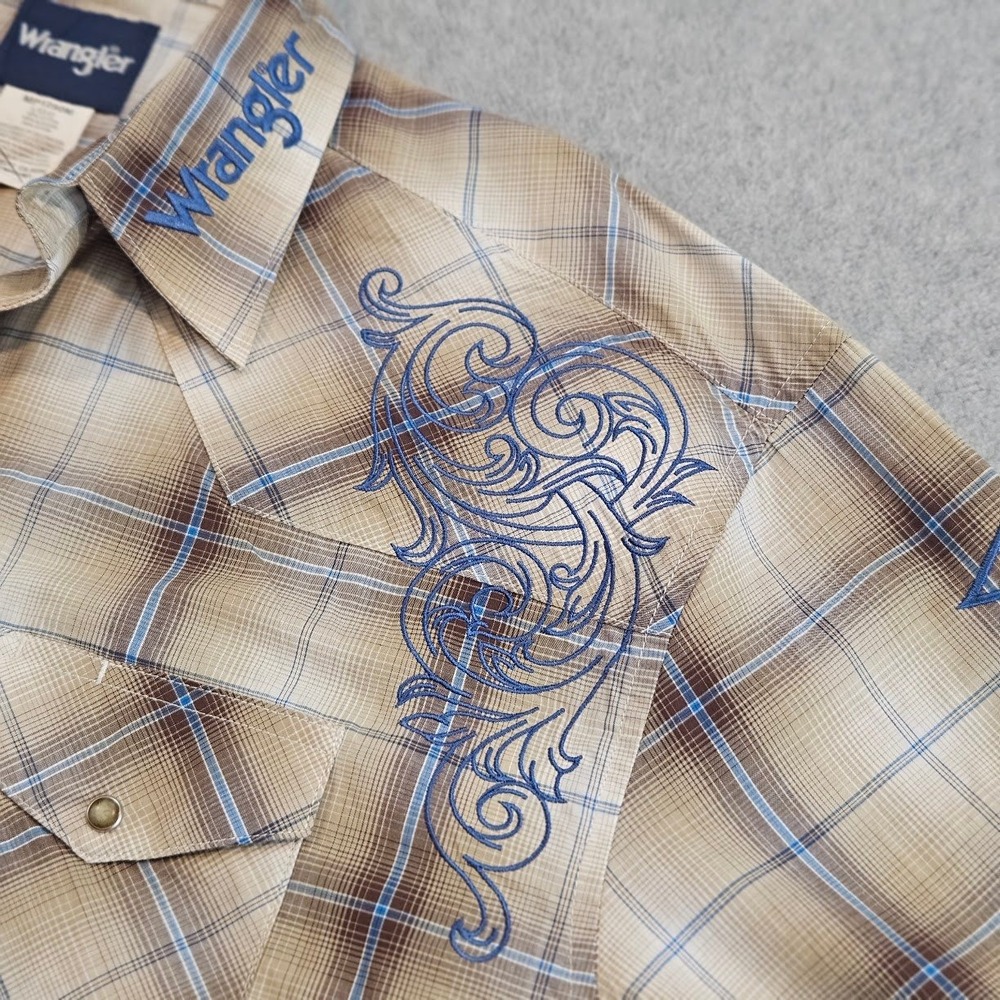 Wrangler Mens Plaid Western Pearl Snap Shirt Embroidered Rodeo Tan Blue L - Picture 6 of 16